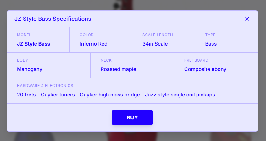 Product details interface showing guitar specifications and options